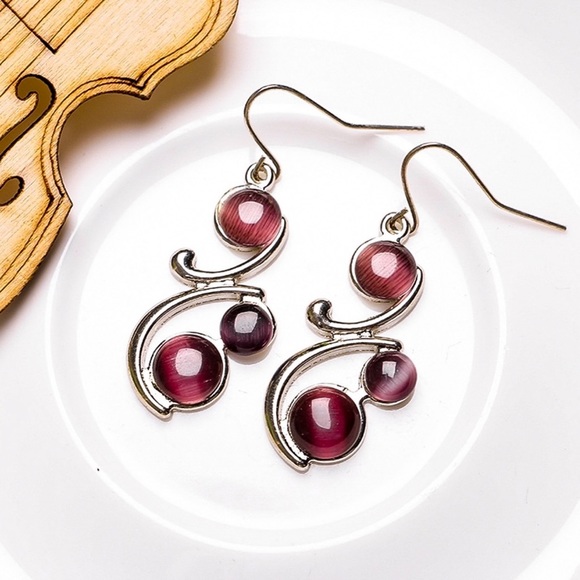 Antiqued Silver Boho Aubergine Gem Earrings - Picture 2 of 7